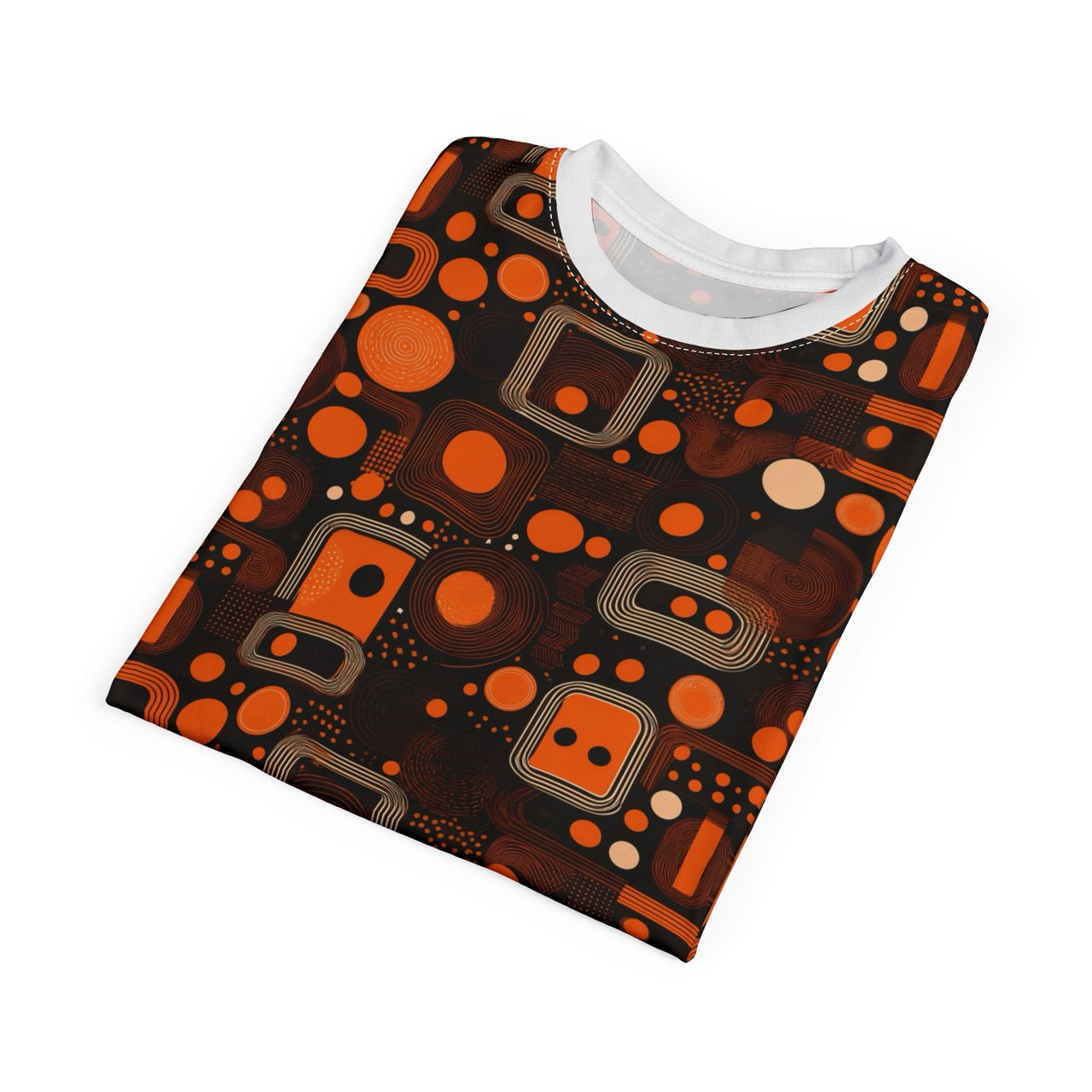 Orange Orbit Dynamics Men's T-Shirt – Retro-Futuristic Geometric Print for Bold Statement Style