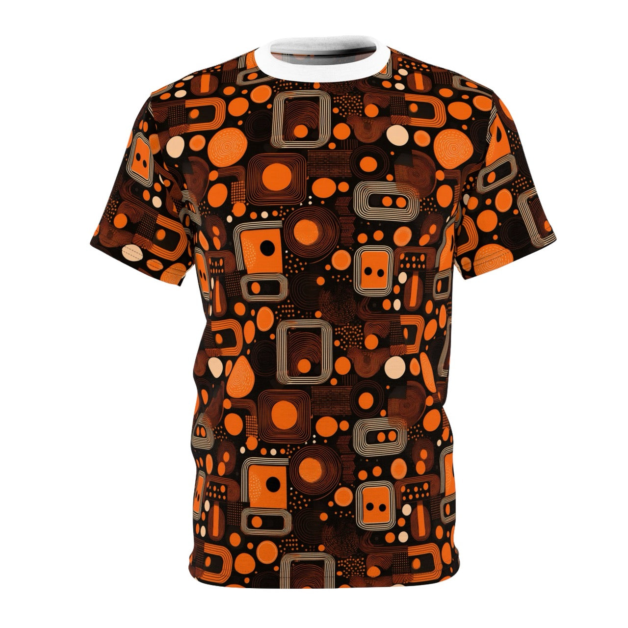 Orange Orbit Dynamics Men's T-Shirt – Retro-Futuristic Geometric Print for Bold Statement Style