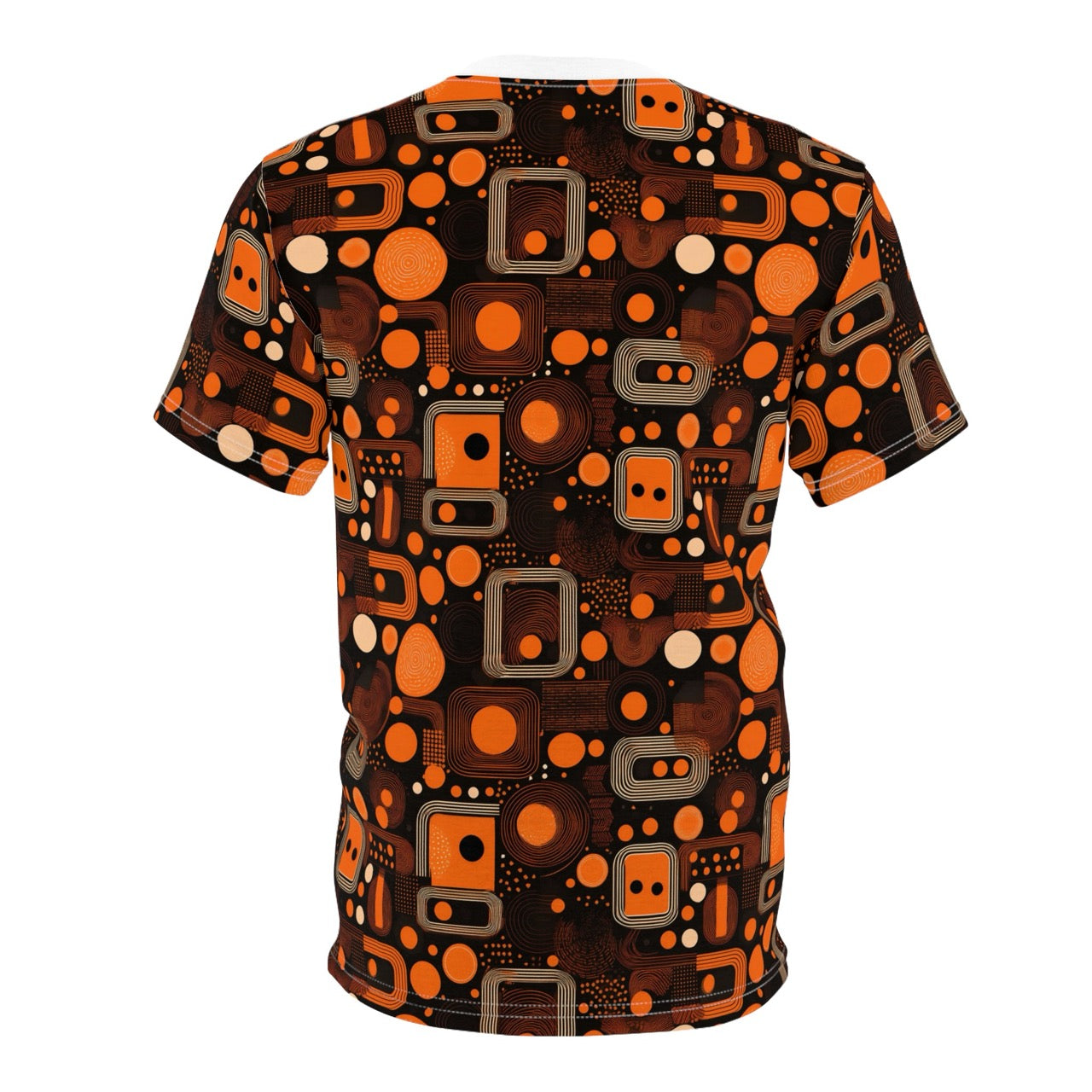 Orange Orbit Dynamics Men's T-Shirt – Retro-Futuristic Geometric Print for Bold Statement Style