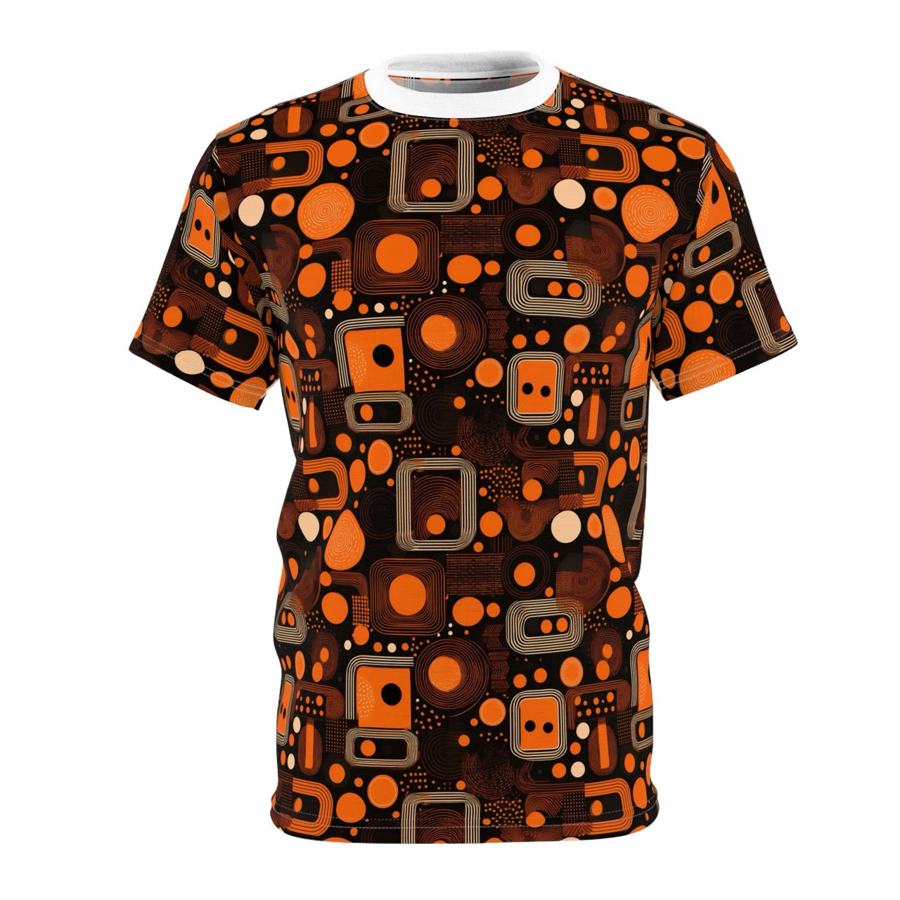Orange Orbit Dynamics Men's T-Shirt – Retro-Futuristic Geometric Print for Bold Statement Style