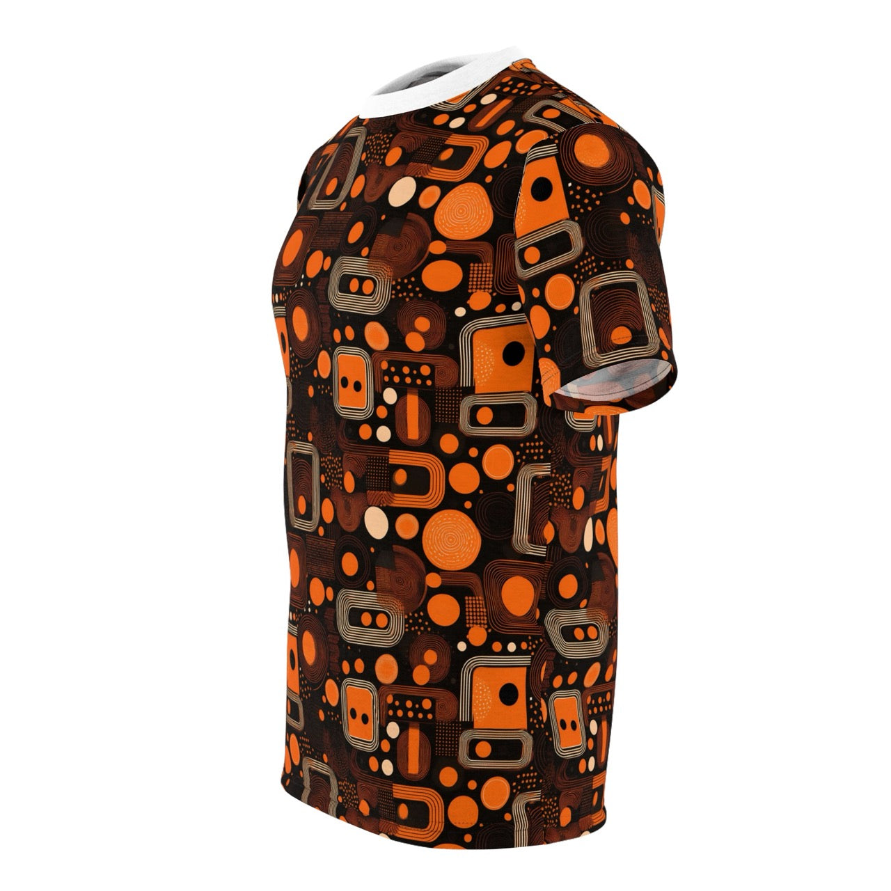 Orange Orbit Dynamics Men's T-Shirt – Retro-Futuristic Geometric Print for Bold Statement Style