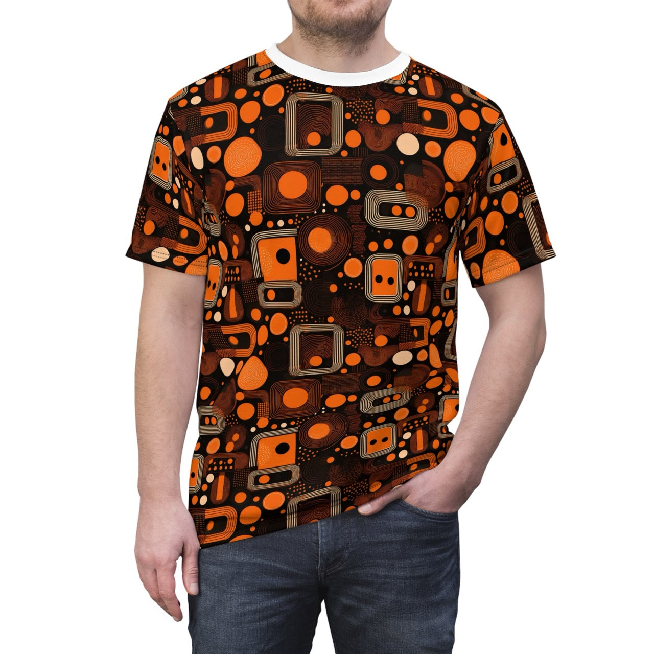 Orange Orbit Dynamics Men's T-Shirt – Retro-Futuristic Geometric Print for Bold Statement Style