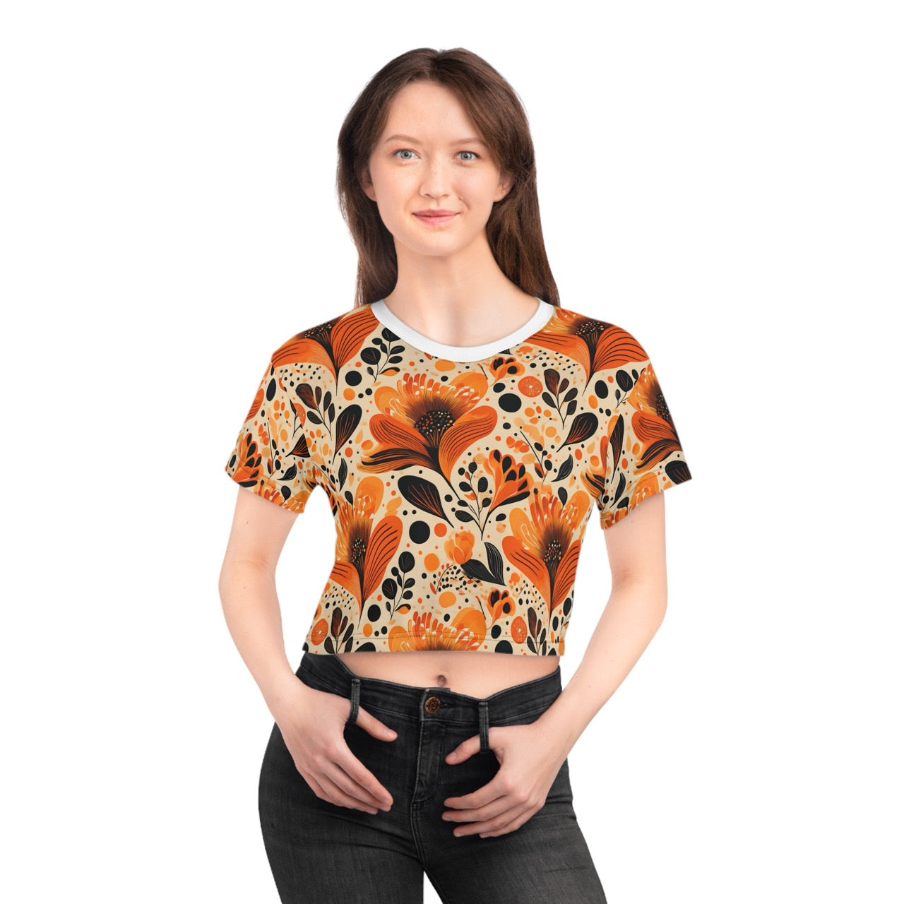 Sunlit Blooms Symphony Crop Tee – Radiant Floral Print Top for Effortless Chic