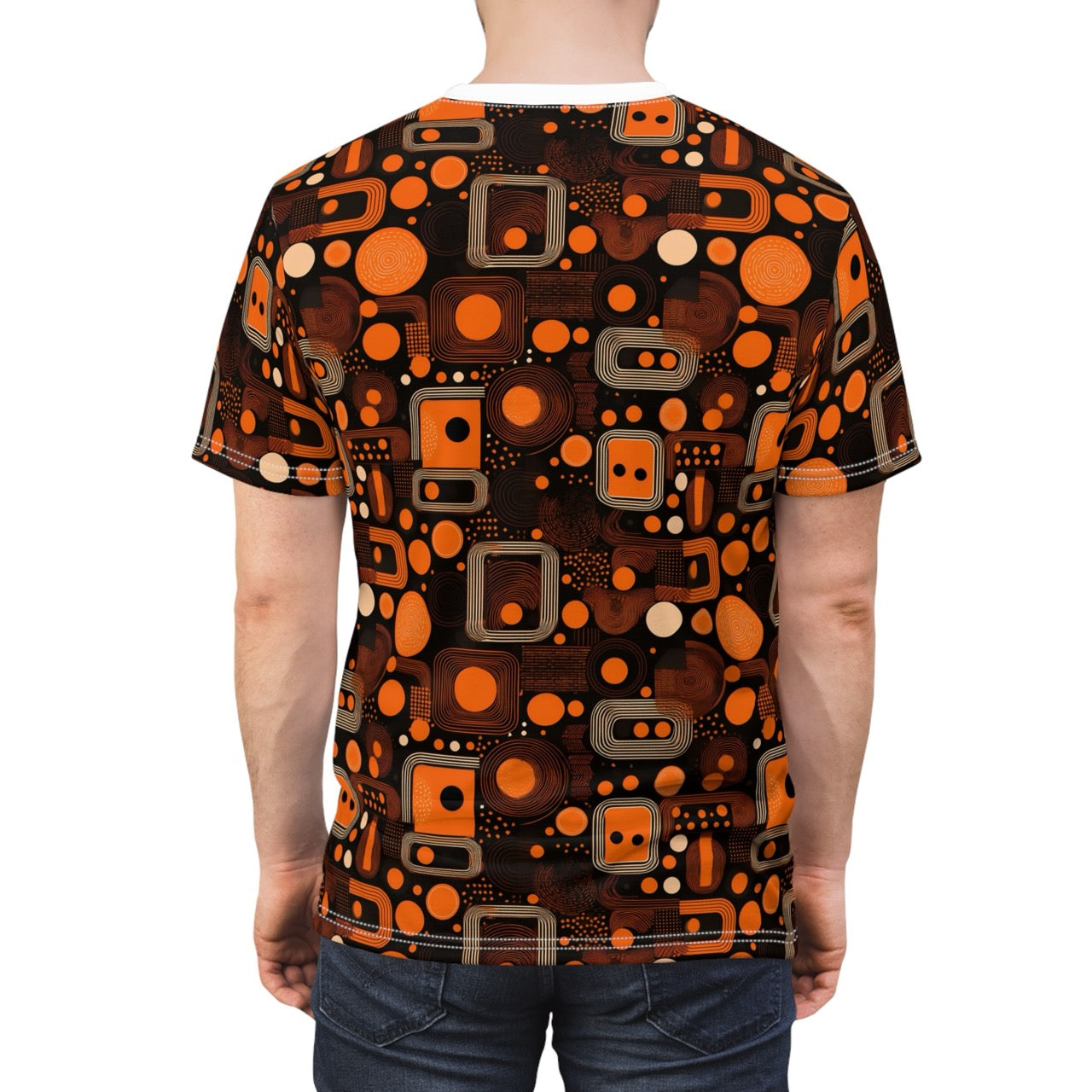 Orange Orbit Dynamics Men's T-Shirt – Retro-Futuristic Geometric Print for Bold Statement Style