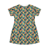 Autumn Symphony Botanicals T-Shirt Dress – Elegant Fall-Inspired Floral Print Dress