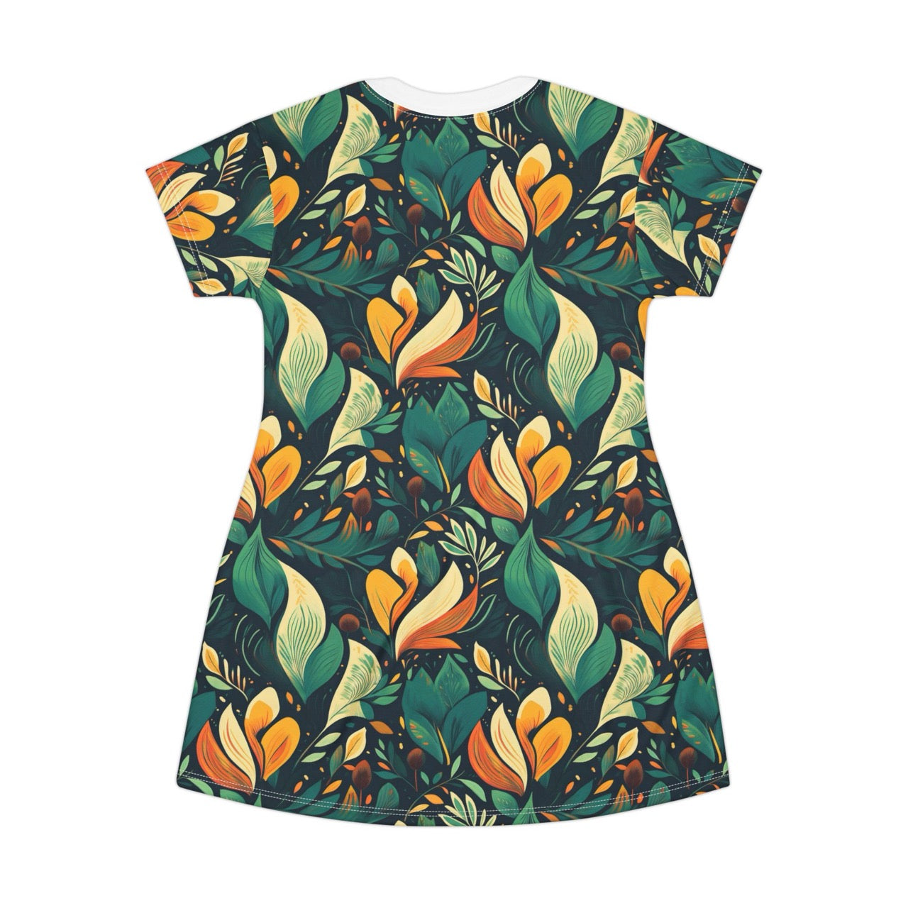 Vibrant Harmony Leaves T-Shirt Dress – Bold Botanical Print Dress for Effortless Elegance