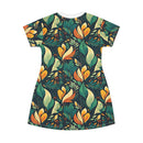 Vibrant Harmony Leaves T-Shirt Dress – Bold Botanical Print Dress for Effortless Elegance