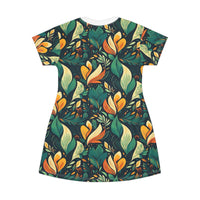 Vibrant Harmony Leaves T-Shirt Dress – Bold Botanical Print Dress for Effortless Elegance