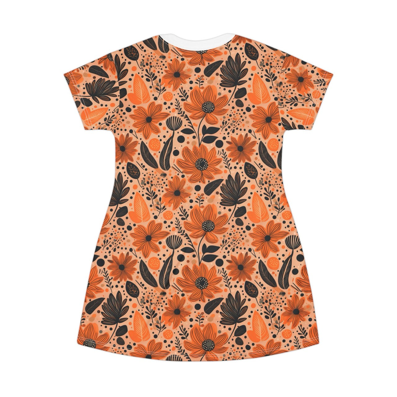Bold Harvest Blooms T-Shirt Dress – Chic Autumn Floral Print Dress for Effortless Style