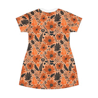 Bold Harvest Blooms T-Shirt Dress – Chic Autumn Floral Print Dress for Effortless Style