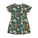 Golden Hour Foliage T-Shirt Dress – Elegant Botanical Print Dress for Effortless Chic