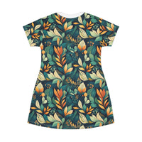 Golden Hour Foliage T-Shirt Dress – Elegant Botanical Print Dress for Effortless Chic