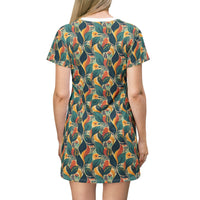 Autumn Symphony Botanicals T-Shirt Dress – Elegant Fall-Inspired Floral Print Dress