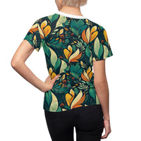 Vibrant Harmony Leaves Women's T-Shirt – Nature-Inspired Botanical Print for Effortless Elegance