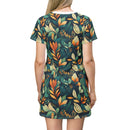 Golden Hour Foliage T-Shirt Dress – Elegant Botanical Print Dress for Effortless Chic