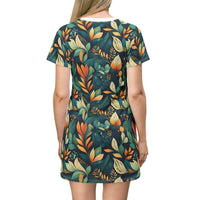 Golden Hour Foliage T-Shirt Dress – Elegant Botanical Print Dress for Effortless Chic