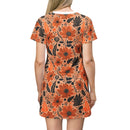 Bold Harvest Blooms T-Shirt Dress – Chic Autumn Floral Print Dress for Effortless Style