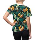 Vibrant Harmony Leaves Women's T-Shirt – Nature-Inspired Botanical Print for Effortless Elegance