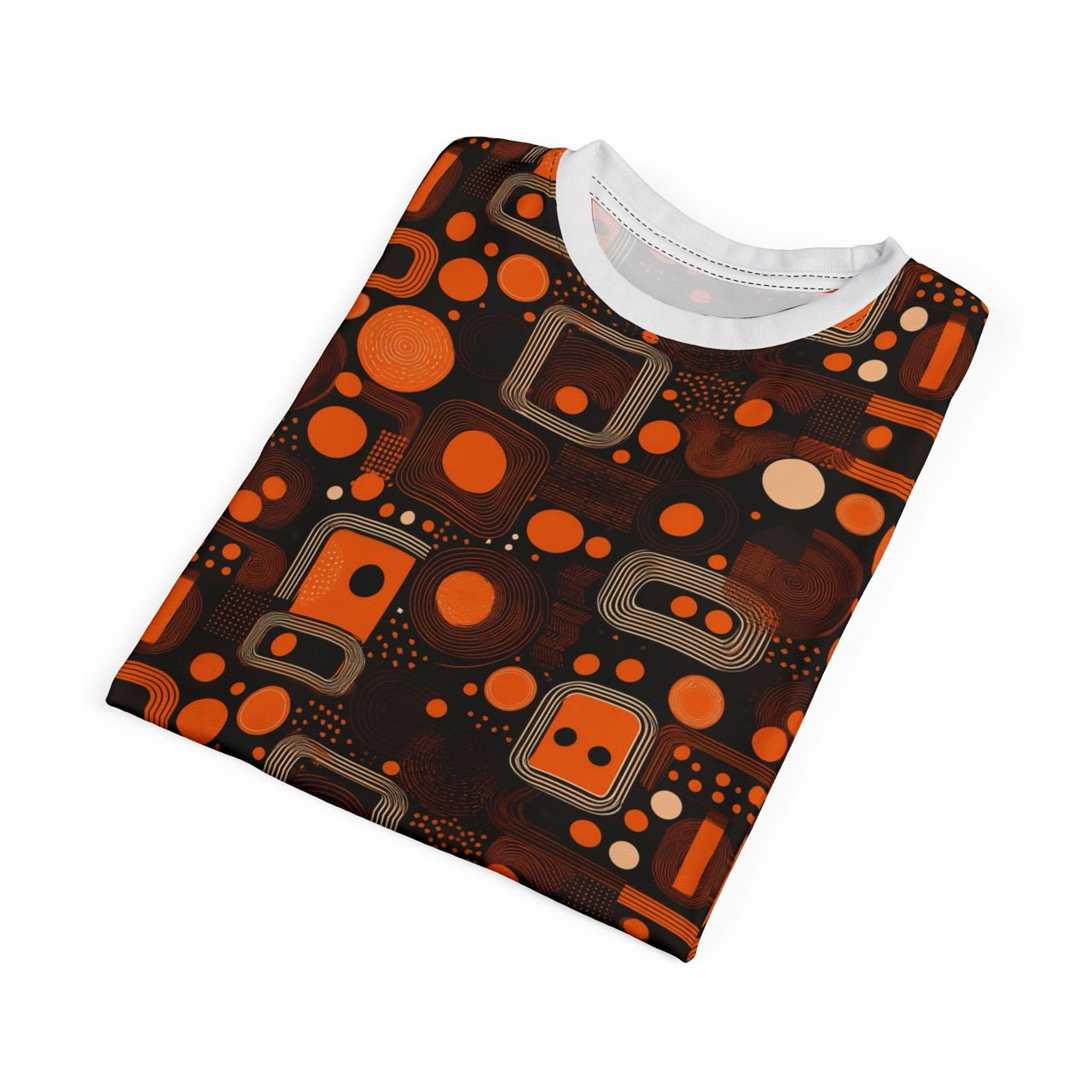 Orange Orbit Dynamics Men's T-Shirt – Retro-Futuristic Geometric Print for Bold Statement Style