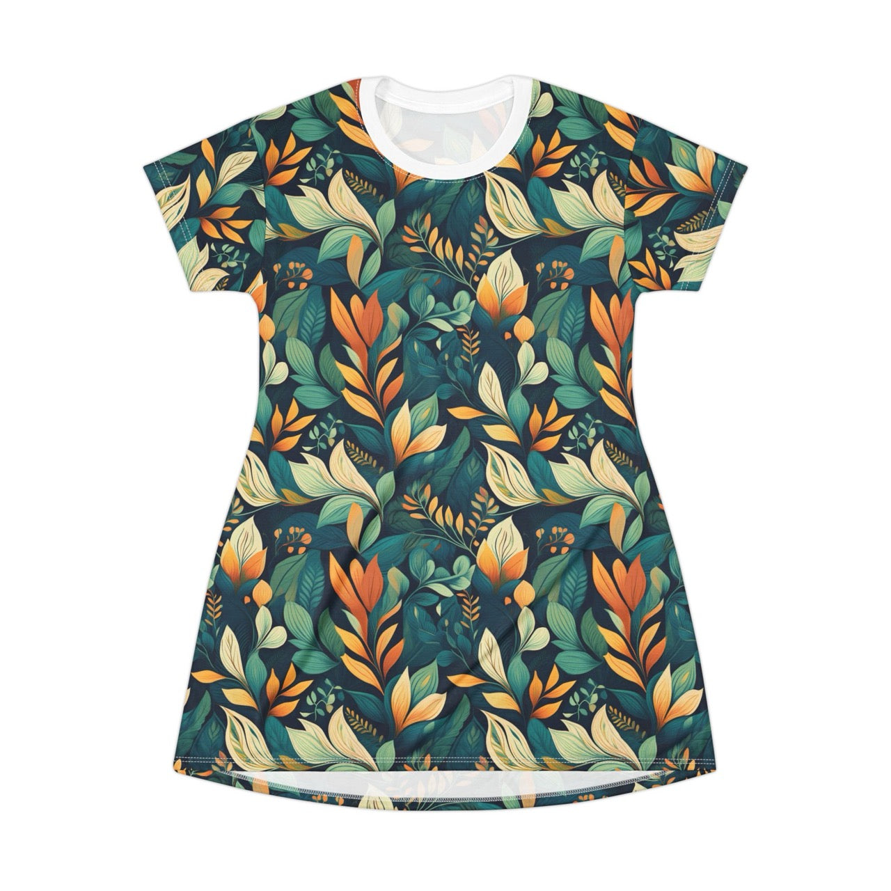 Golden Hour Foliage T-Shirt Dress – Elegant Botanical Print Dress for Effortless Chic