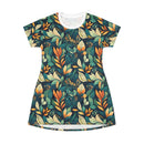 Golden Hour Foliage T-Shirt Dress – Elegant Botanical Print Dress for Effortless Chic