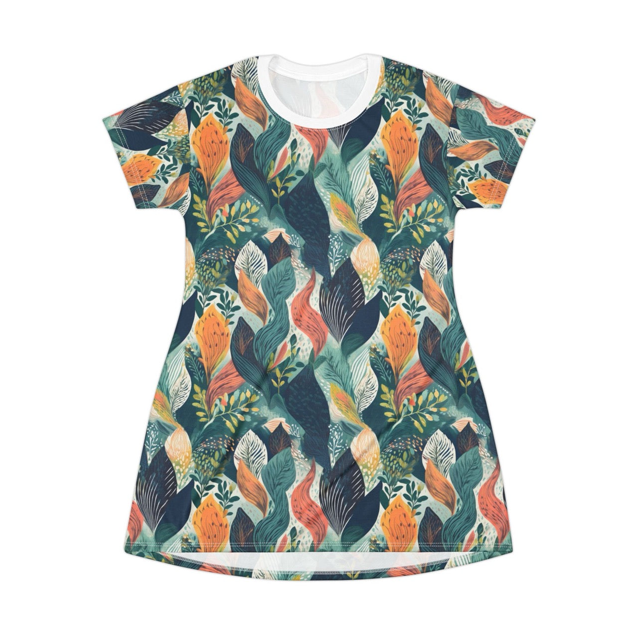 Tropical Twilight Elegance T-Shirt Dress – Enchanting Botanical Print Dress for Effortless Chic