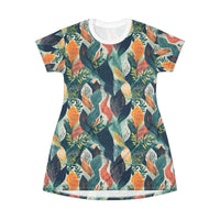 Tropical Twilight Elegance T-Shirt Dress – Enchanting Botanical Print Dress for Effortless Chic