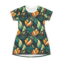 Vibrant Harmony Leaves T-Shirt Dress – Bold Botanical Print Dress for Effortless Elegance