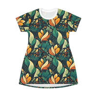 Vibrant Harmony Leaves T-Shirt Dress – Bold Botanical Print Dress for Effortless Elegance