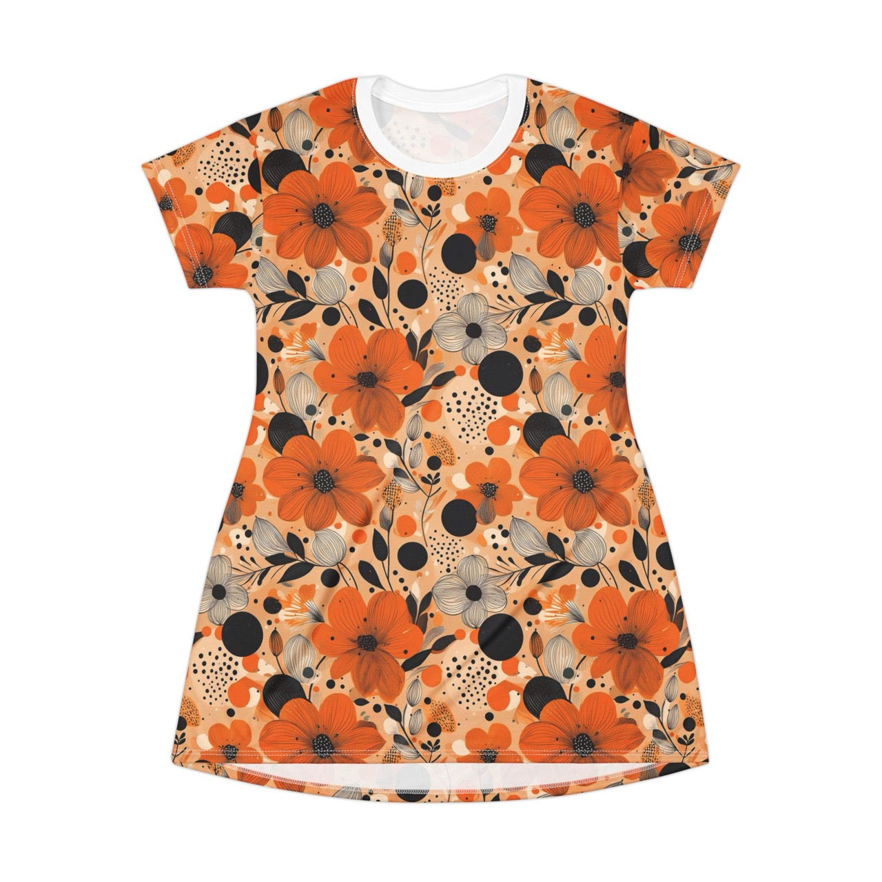 Autumn Glow Blossoms T-Shirt Dress – Cozy & Stylish Floral Print Dress for Effortless Elegance