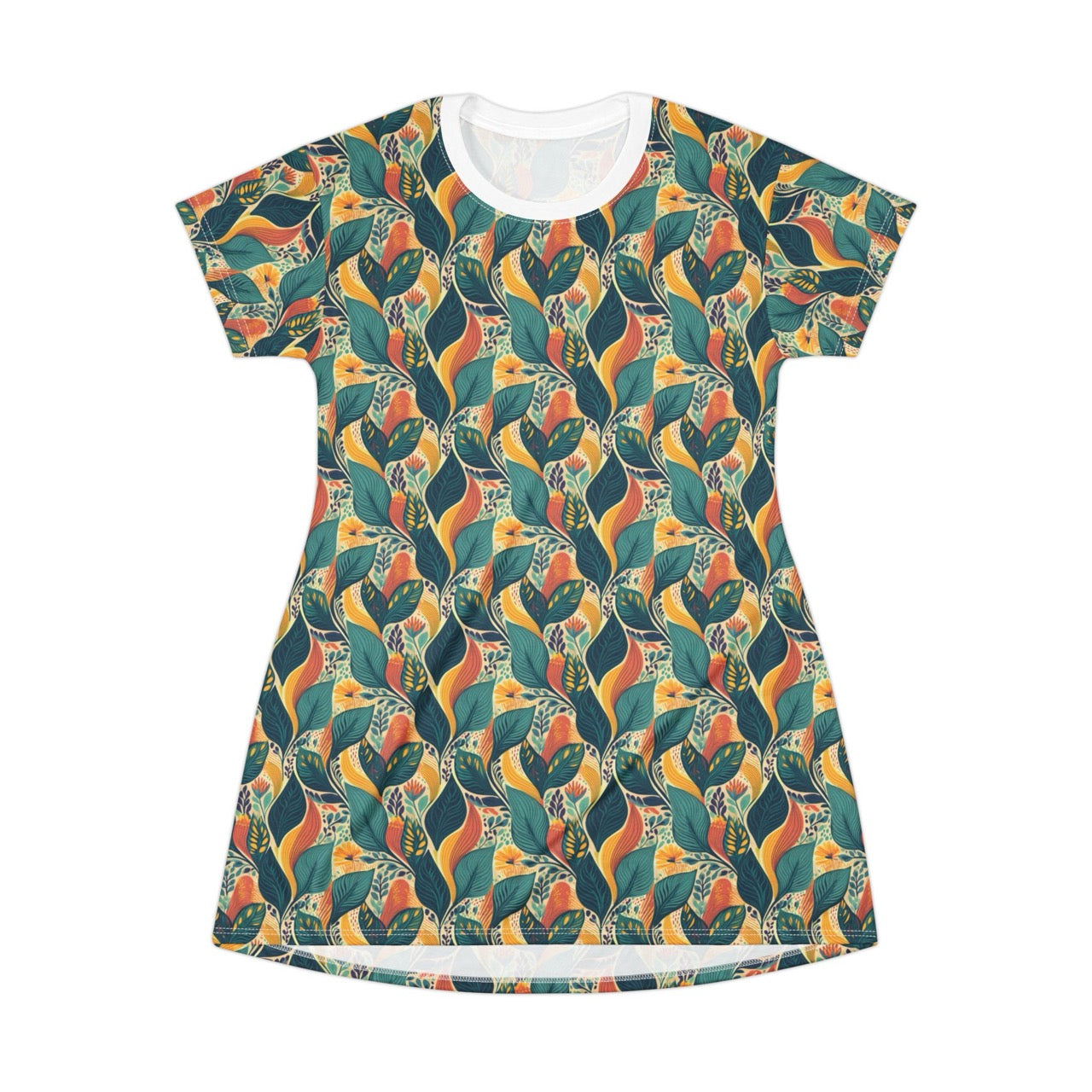 Autumn Symphony Botanicals T-Shirt Dress – Elegant Fall-Inspired Floral Print Dress