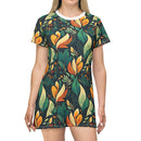 Vibrant Harmony Leaves T-Shirt Dress – Bold Botanical Print Dress for Effortless Elegance