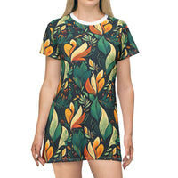 Vibrant Harmony Leaves T-Shirt Dress – Bold Botanical Print Dress for Effortless Elegance