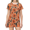 Bold Harvest Blooms T-Shirt Dress – Chic Autumn Floral Print Dress for Effortless Style