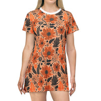 Bold Harvest Blooms T-Shirt Dress – Chic Autumn Floral Print Dress for Effortless Style