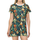Golden Hour Foliage T-Shirt Dress – Elegant Botanical Print Dress for Effortless Chic