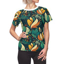 Vibrant Harmony Leaves Women's T-Shirt – Nature-Inspired Botanical Print for Effortless Elegance