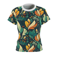 Vibrant Harmony Leaves Women's T-Shirt – Nature-Inspired Botanical Print for Effortless Elegance