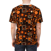 Orange Orbit Dynamics Men's T-Shirt – Retro-Futuristic Geometric Print for Bold Statement Style