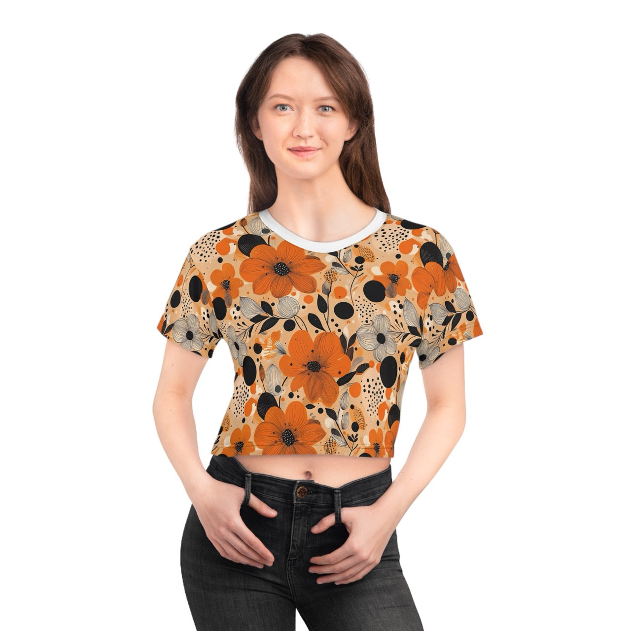 Autumn Glow Blossoms Crop Tee – Stylish Floral Print Top for Effortless Chic