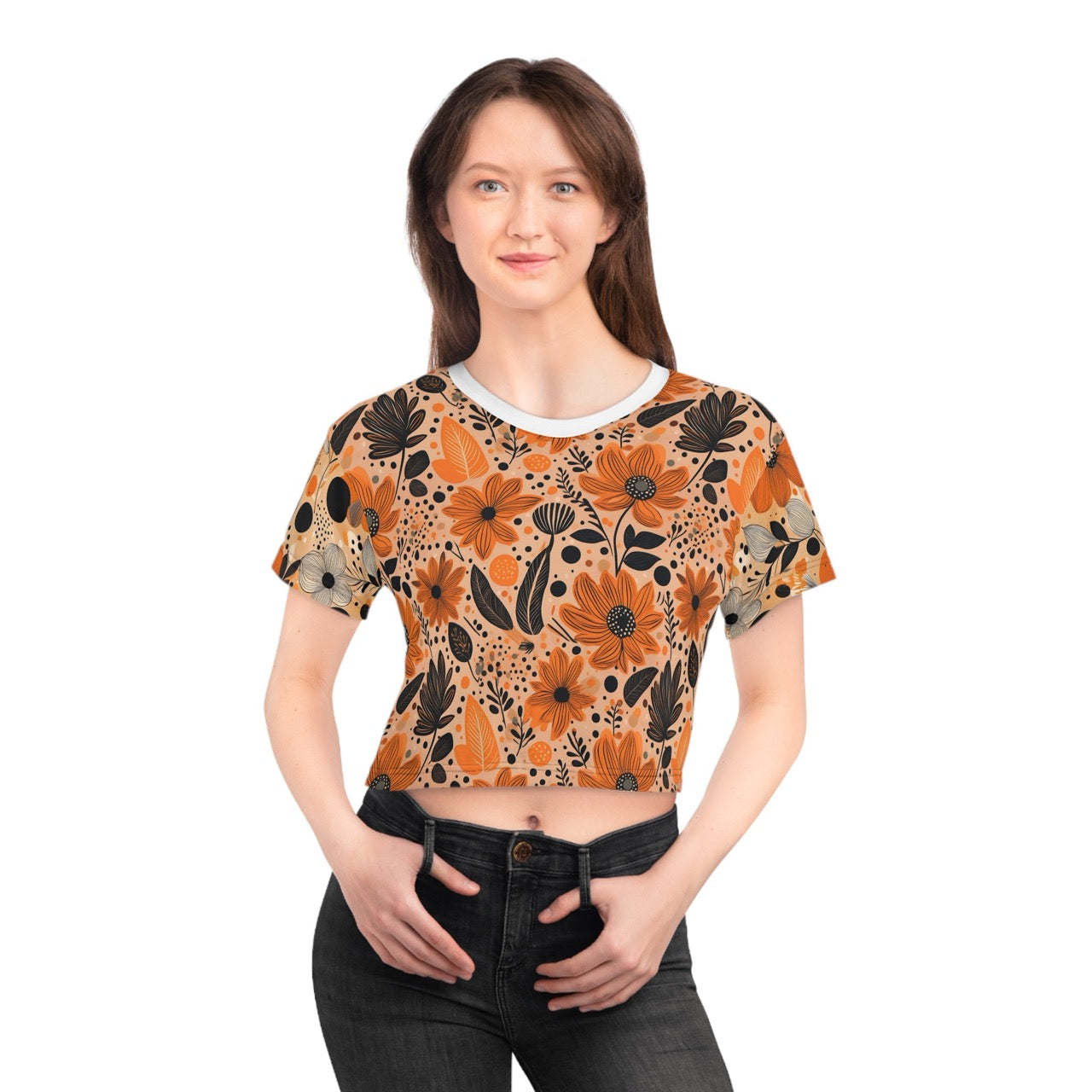 Bold Harvest Blooms Crop Tee – Vibrant Autumn Floral Print Top for Effortless Style