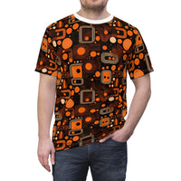 Orange Orbit Dynamics Men's T-Shirt – Retro-Futuristic Geometric Print for Bold Statement Style